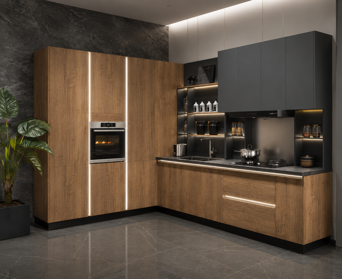 Modern L-shaped kitchen cabinetry set with wood-grain lower cabinets, dark gray upper cabinets, integrated oven, open shelving with warm lighting, and a dark stone backsplash and countertop.