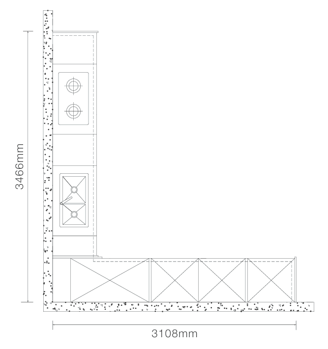 A black and white technical line drawing showing a cross-section of a wall or panel assembly with dimension labels: 3466 mm vertically on the left and 3108 mm horizontally at the bottom.