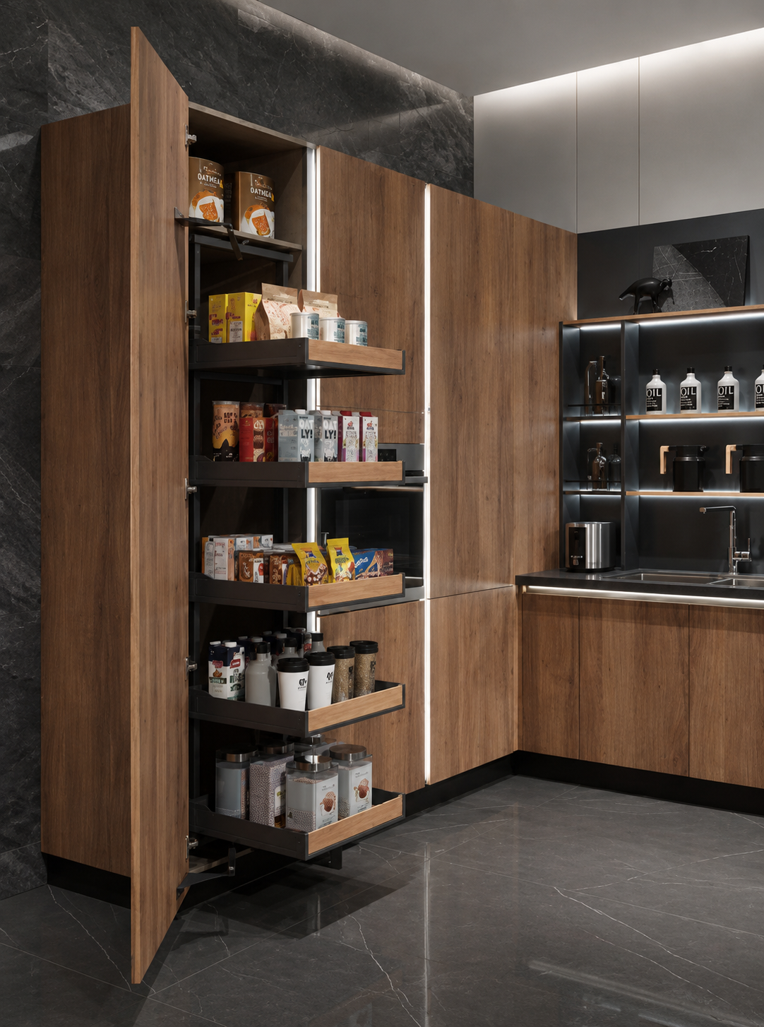 A modern kitchen interior with a tall wooden pantry cabinet on the left, shown open to reveal multiple pull-out shelves stocked with jars, cans, and packaged goods. The kitchen has dark gray stone flooring and backsplash, wood cabinetry, and built-in under-cabinet lighting.