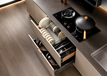 An overhead view of a modern kitchen drawer system with two open drawers displaying neatly organized cookware and dishes, set against a dark countertop and wood flooring.