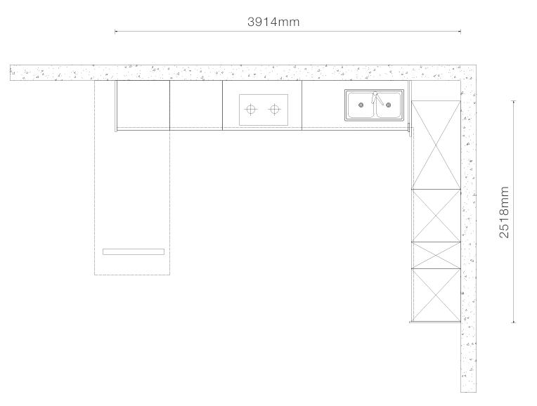A black-and-white kitchen cabinetry layout diagram showing an L-shaped corner setup with dimension labels of 3914 mm width and 2518 mm height.