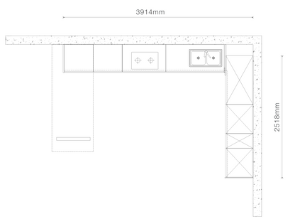 A black-and-white kitchen cabinetry layout diagram showing an L-shaped corner setup with dimension labels of 3914 mm width and 2518 mm height.