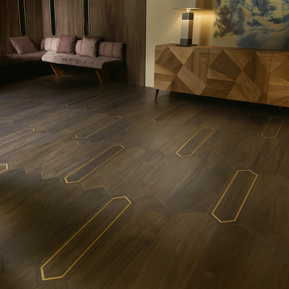 Close-up of Rivoli engineered wood flooring showcasing gold inlay and Walnut/Oak grain variation, SAIBA Homes.