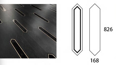 Designer interior featuring Rivoli engineered wood floor with long gold inlaid panels, SAIBA Homes.