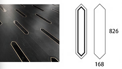 Designer interior featuring Rivoli engineered wood floor with long gold inlaid panels, SAIBA Homes.
