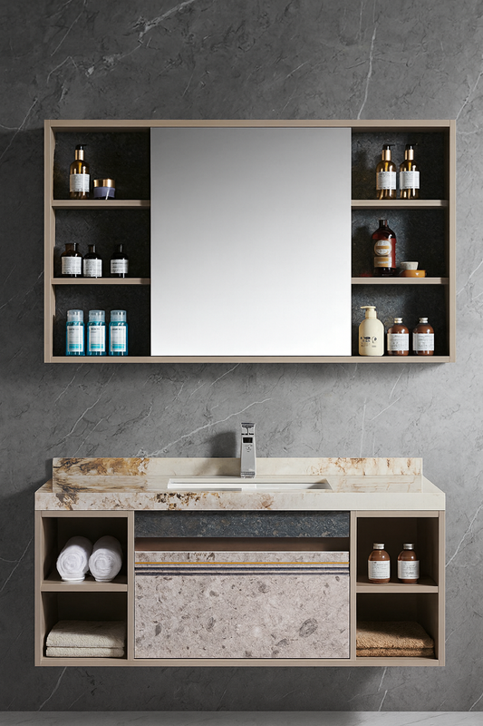 Roccara modern stone-textured wall-mounted bathroom vanity with integrated basin and open shelves – SAIBA Homes.