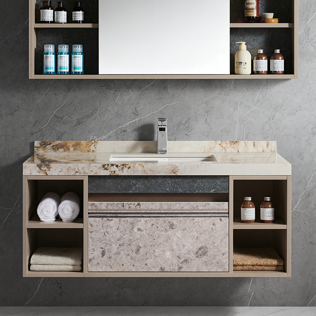 Open shelving compartments with folded towels. Textured central drawer with natural mineral pattern