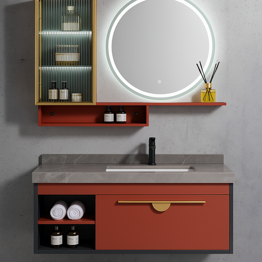 Bathroom vanity fluted glass cabinet with interior lighting. Open storage shelf with rolled towels and bottles