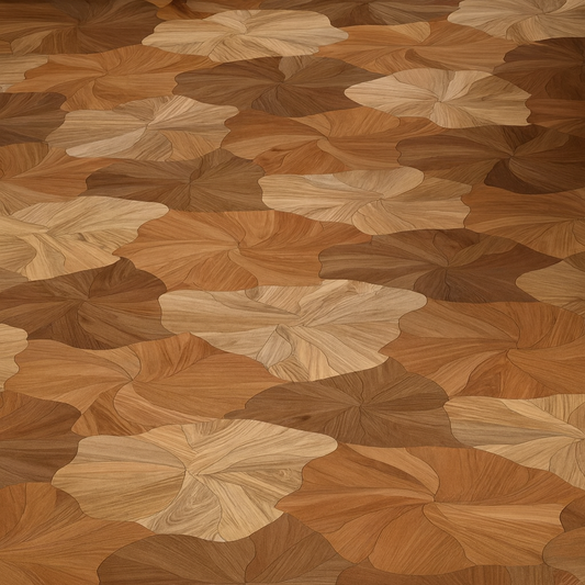 Organic multi-tone Walnut/Oak engineered wood flooring in sculpted cluster pattern – SAIBA Homes.