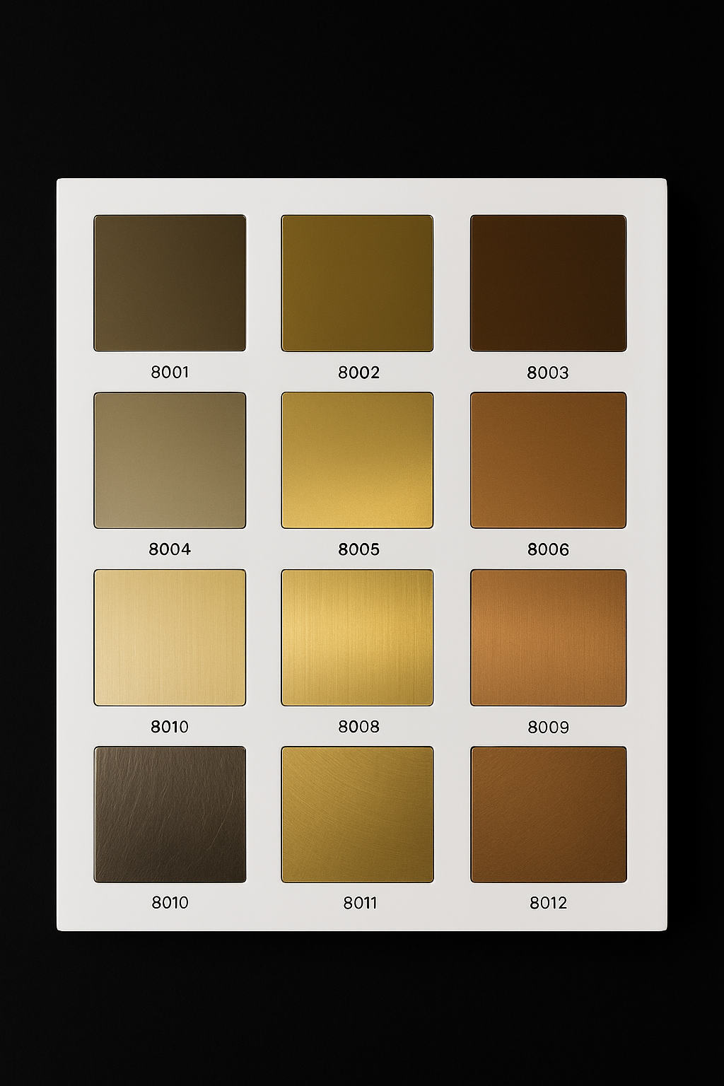 Colour swatch chart with brown and gold shades on a white background