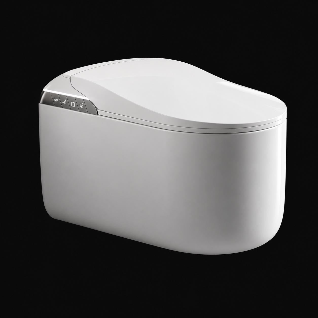 A modern white smart toilet with a sleek, rounded design and a control panel on the left side, shown against a solid black background.