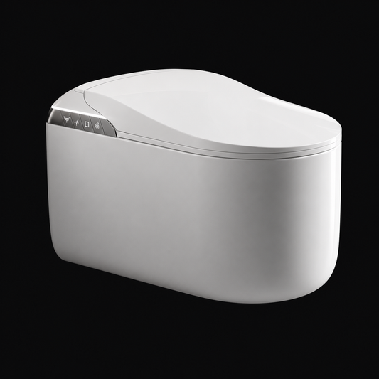 A modern white smart toilet with a sleek, rounded design and a control panel on the left side, shown against a solid black background.