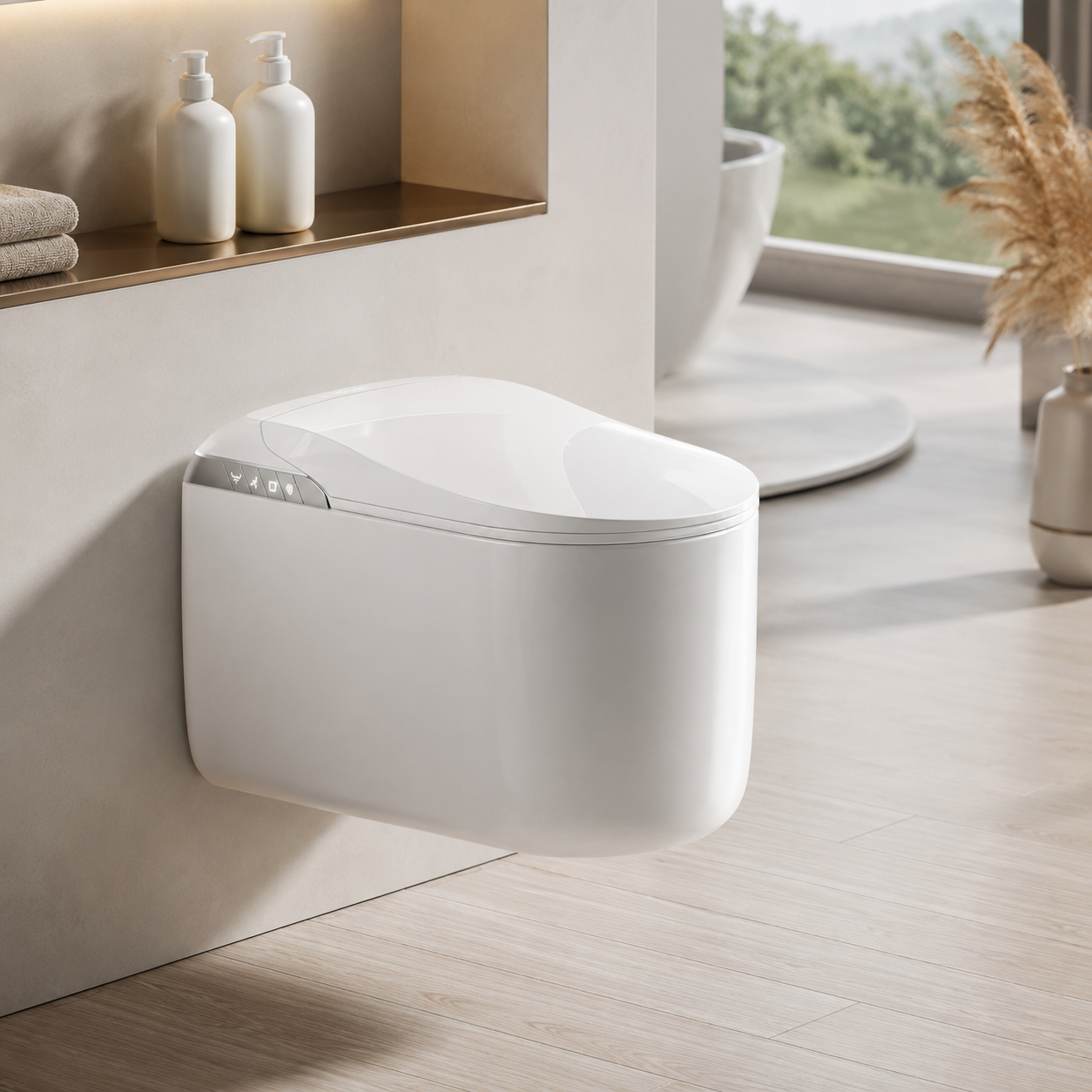 A modern wall-mounted toilet in a bright, minimalist bathroom setting with light wood flooring, a built-in shelf with toiletries, and a window in the background.