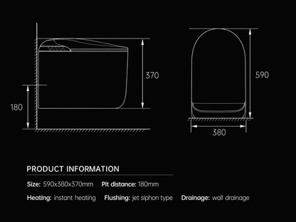 Technical dimension diagram of a wall-mounted toilet seat lid with front and side cross-sections, labeled with measurements 370, 180, 590, and 380, plus product information text on a black background.