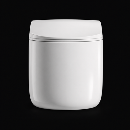 A minimalist white ceramic toilet with a closed lid, centered against a solid black background.