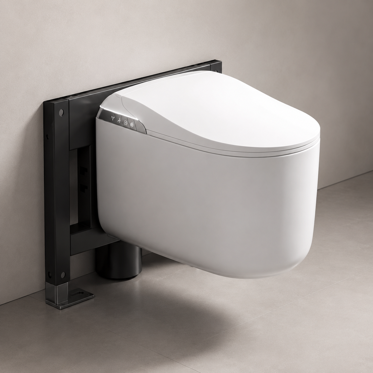 A wall-mounted smart toilet with a white ceramic bowl and a black metal mounting bracket, shown against a neutral beige wall and floor.