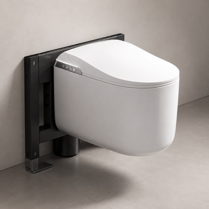 A wall-mounted smart toilet with a white ceramic bowl and a black metal mounting bracket, shown against a neutral beige wall and floor.