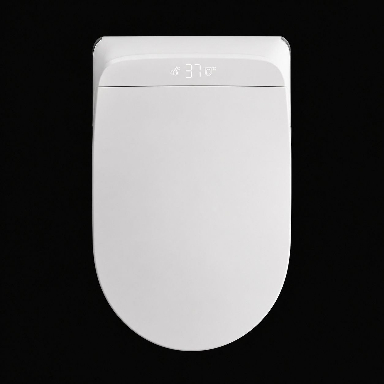 A white smart toilet lid with a digital temperature display showing 37 degrees Celsius, set against a solid black background.