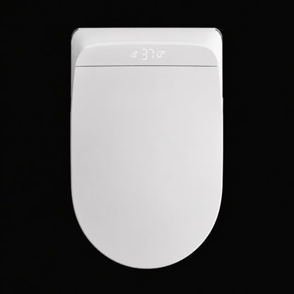 A white smart toilet lid with a digital temperature display showing 37 degrees Celsius, set against a solid black background.