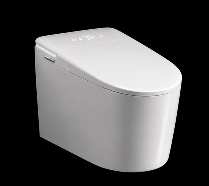 A modern white smart toilet with a closed lid and a small digital display on top, shown at an angle against a solid black background.