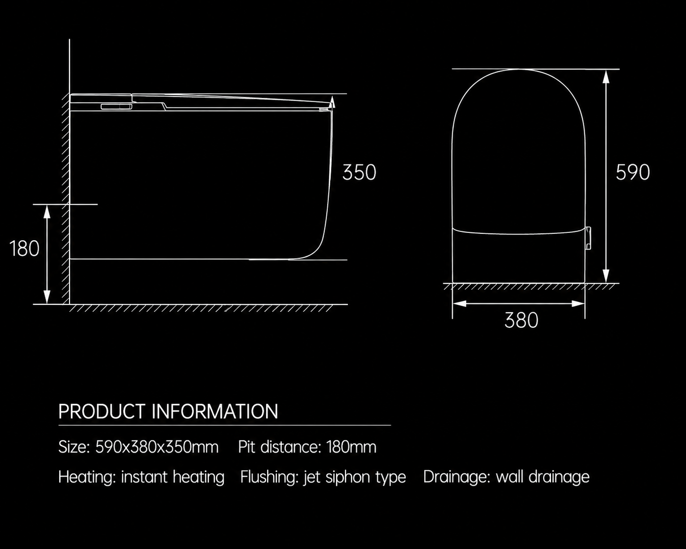 Technical product information diagram on a black background showing two white line drawings of a bathtub with dimensions labeled 350, 590, 180, and 380, plus product details text below.