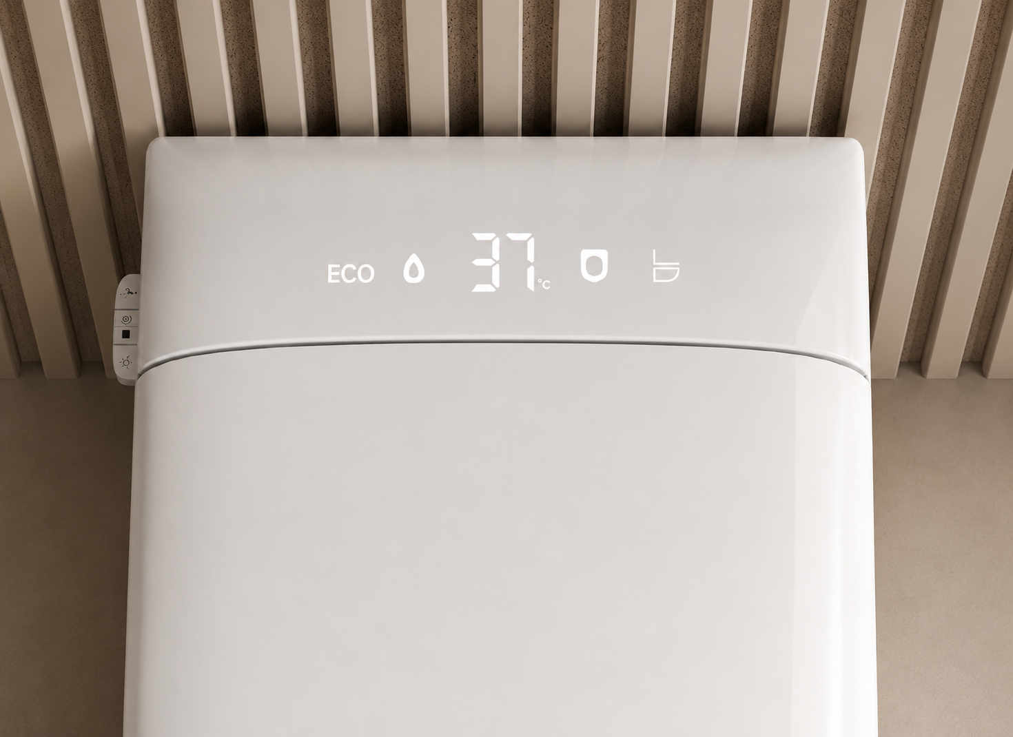A close-up of a white electronic water heater or boiler control panel mounted against a beige slatted wall, with a digital display showing 37 degrees Celsius.