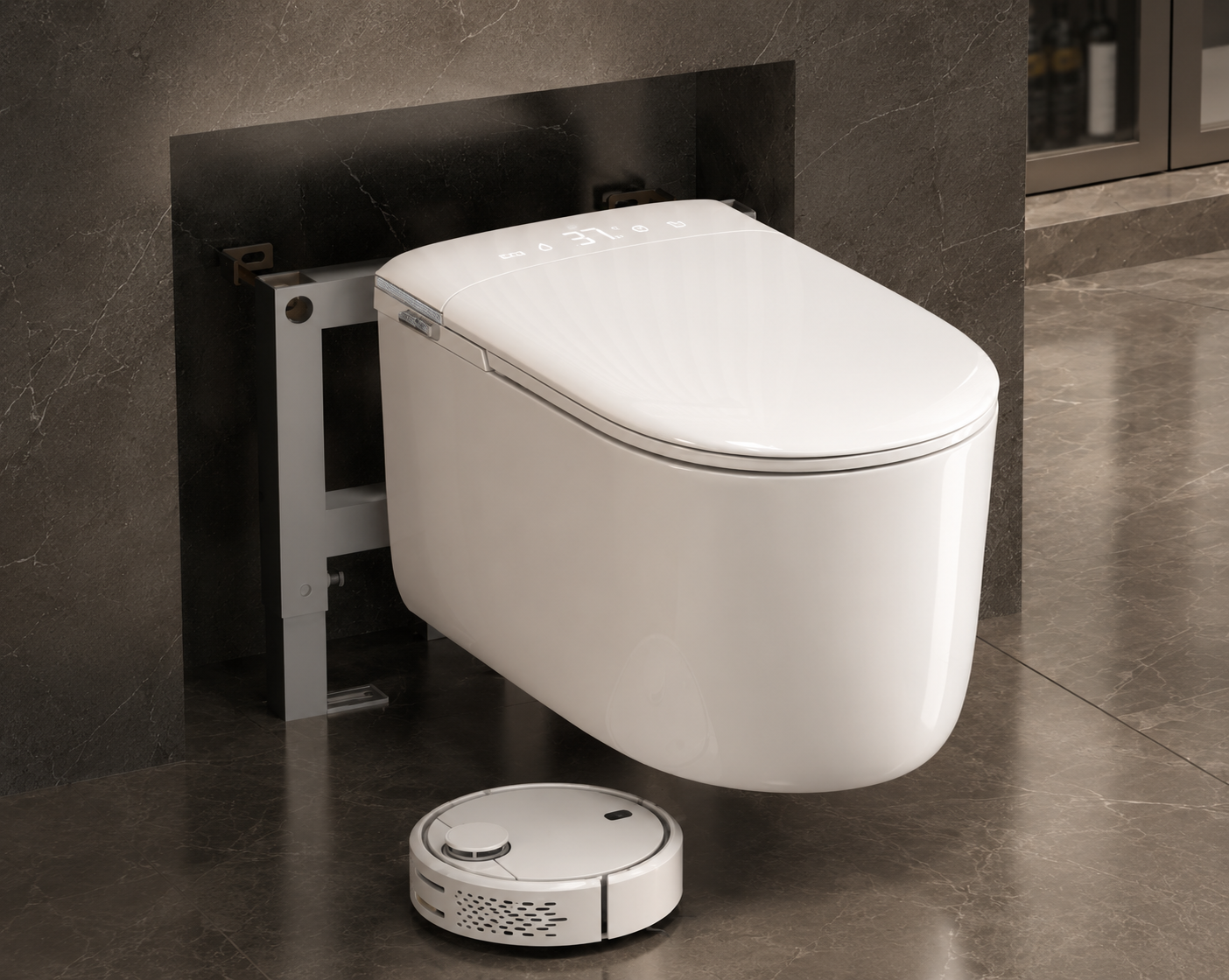 A white wall-mounted smart toilet with a matching lid, shown installed against a dark tiled wall in a bathroom setting, with a small white robotic cleaner on the floor below.