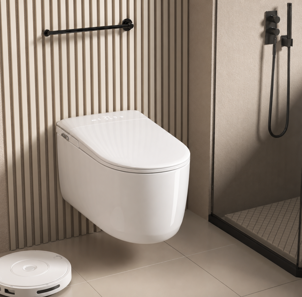A white wall-mounted toilet with a closed lid is shown installed in a modern bathroom with beige slatted walls, a black towel bar, and a glass shower enclosure.