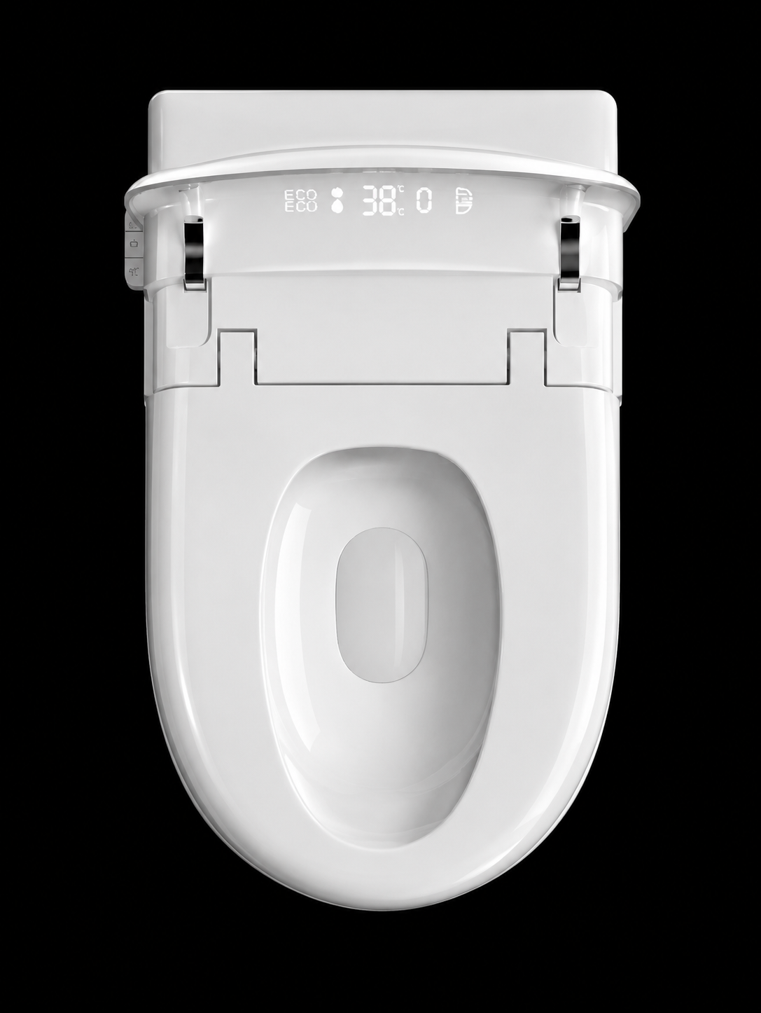 A white smart toilet seat lid with a digital control display on the front, shown from a top-down view against a solid black background.