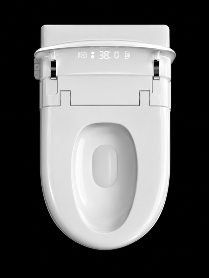 A white smart toilet seat lid with a digital control display on the front, shown from a top-down view against a solid black background.