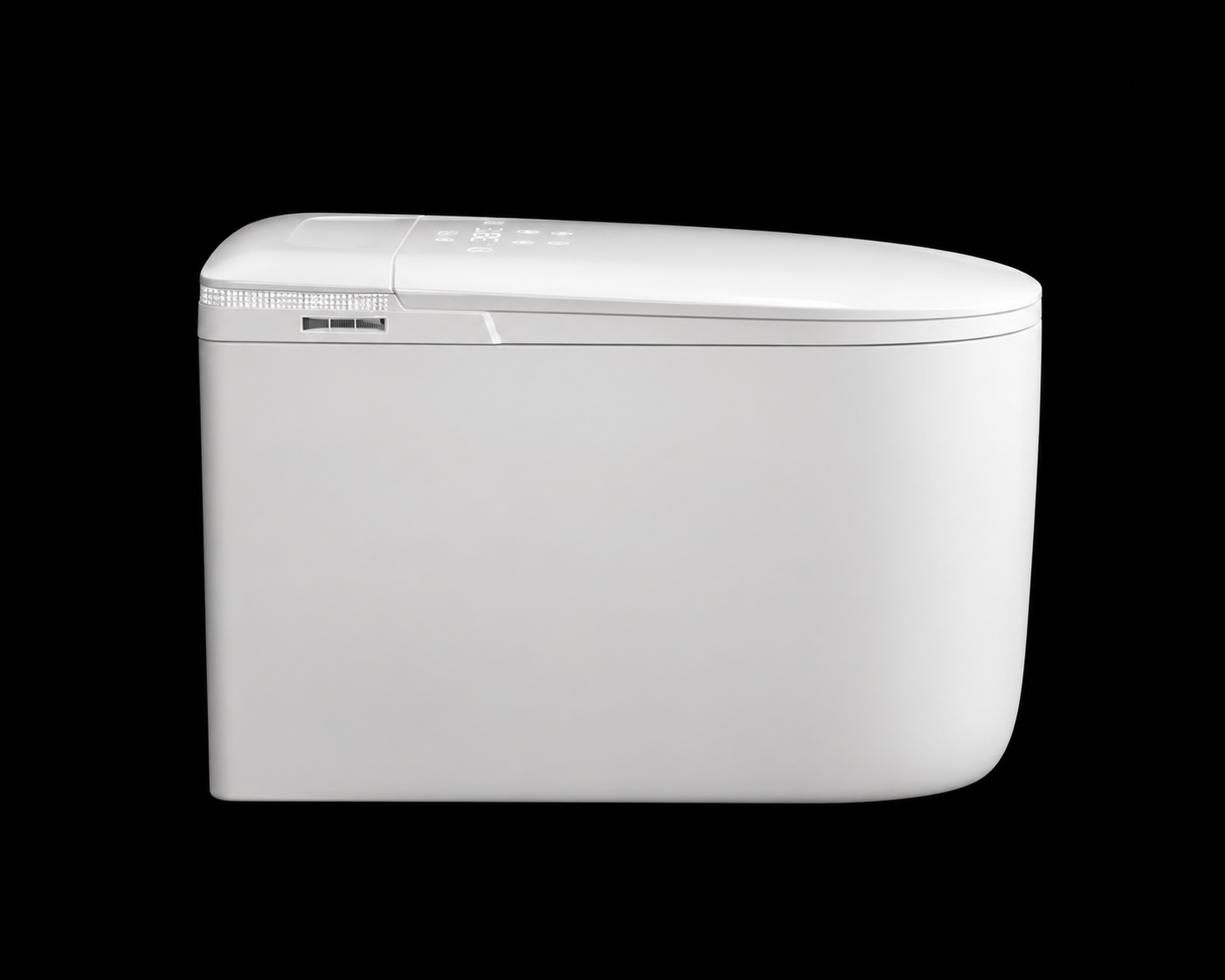 A white compact toilet tank with a sleek, modern design, shown from a three-quarter angle against a solid black background.