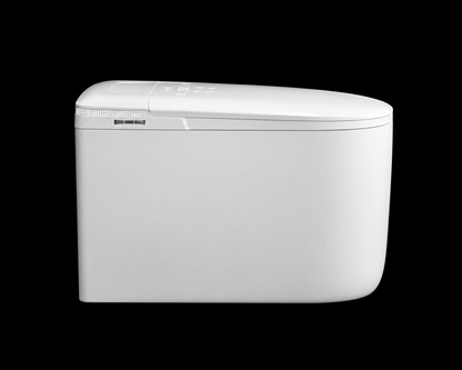 A white compact toilet tank with a sleek, modern design, shown from a three-quarter angle against a solid black background.