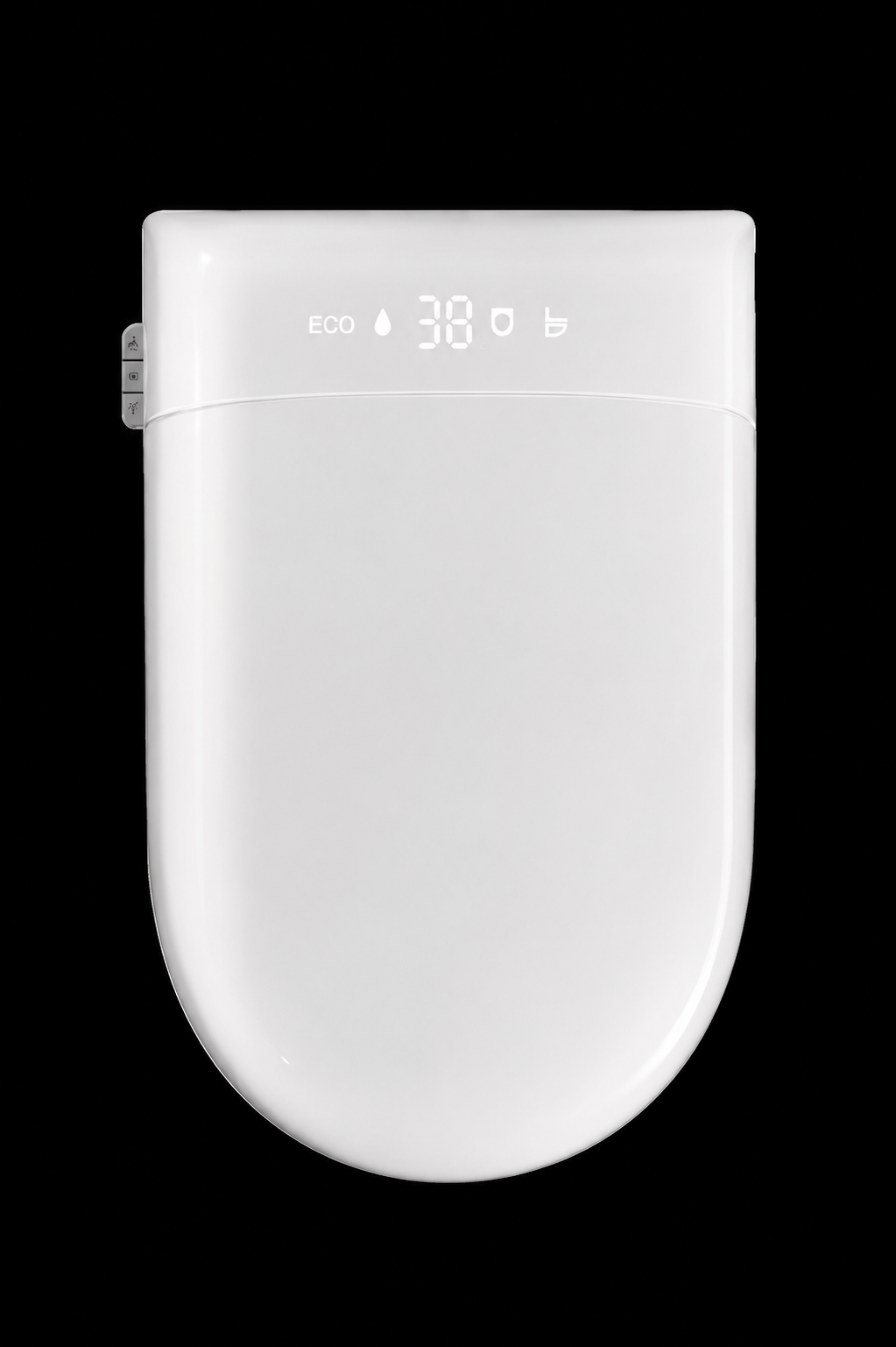 A white smart toilet lid shown from a front-facing perspective against a solid black background. The lid features a digital display on the top edge showing 'ECO 38°C' and water conservation icons.