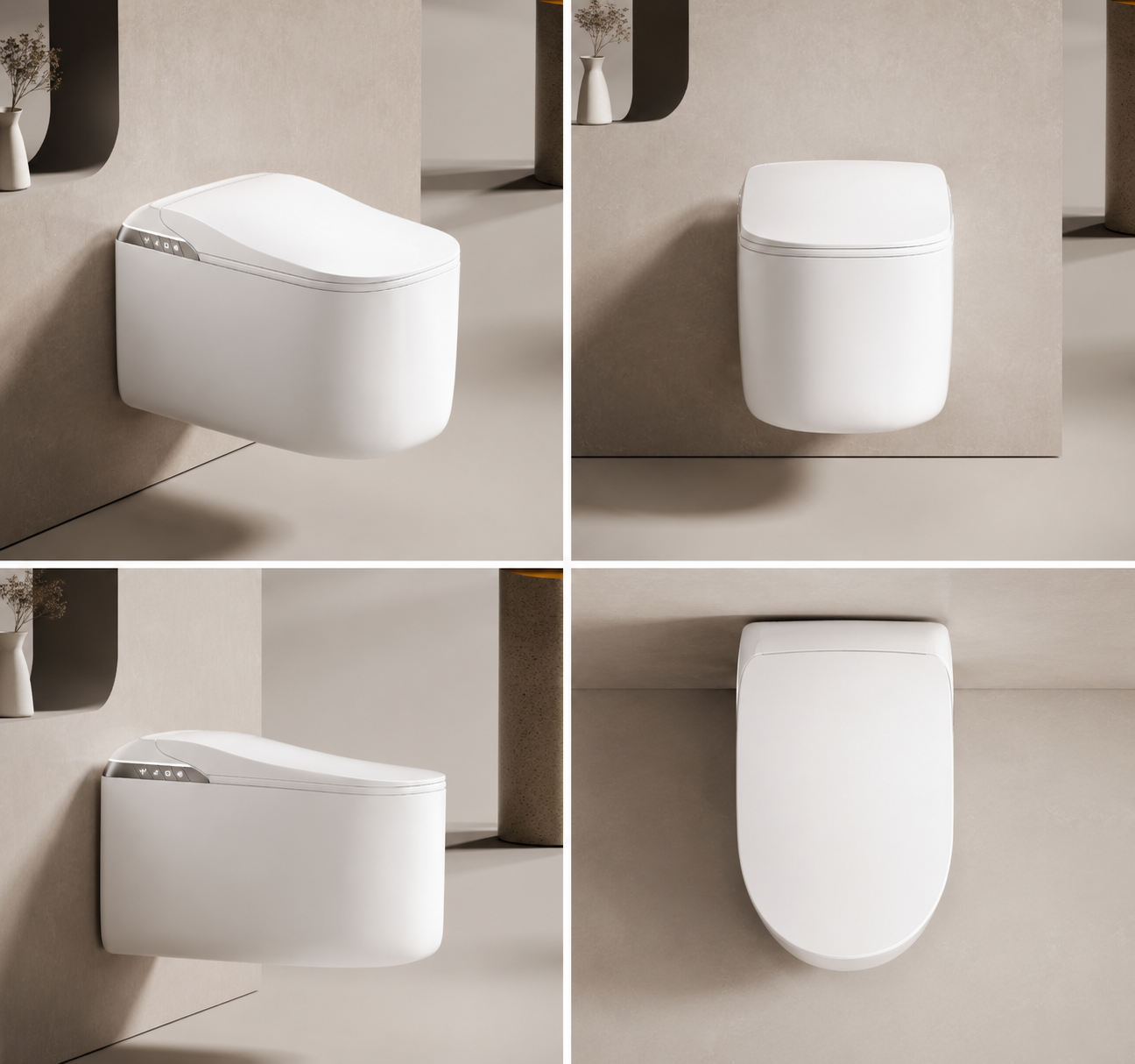A four-panel collage showing a wall-mounted white toilet from multiple angles in a minimalist beige bathroom setting.