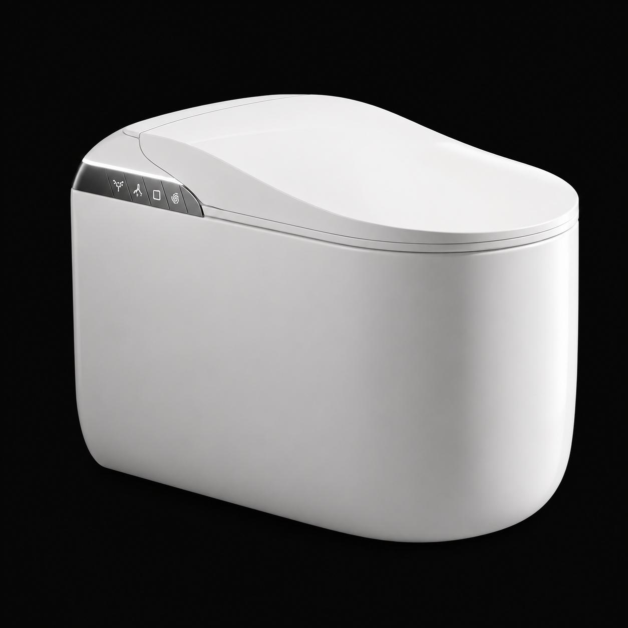A modern white smart toilet with a sleek, rounded design and a small control panel on the left side, shown against a solid black background.