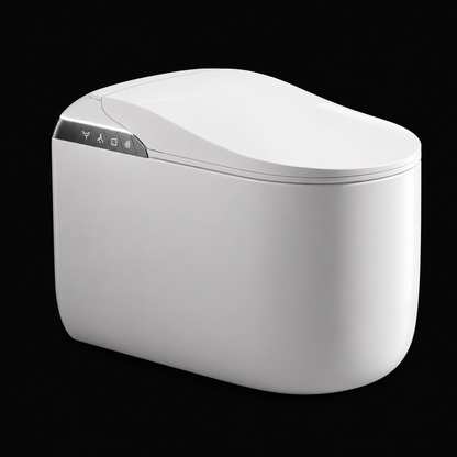A modern white smart toilet with a sleek, rounded design and a small control panel on the left side, shown against a solid black background.