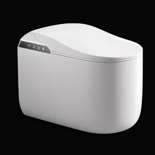 A modern white smart toilet with a sleek, rounded design and a small control panel on the left side, shown against a solid black background.