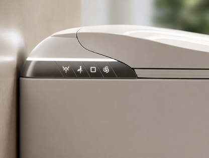 Close-up of a modern beige appliance, likely a refrigerator or freezer, showing the top lid with a dark control panel featuring illuminated icons.