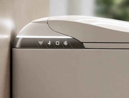 Close-up of a modern beige appliance, likely a refrigerator or freezer, showing the top lid with a dark control panel featuring illuminated icons.