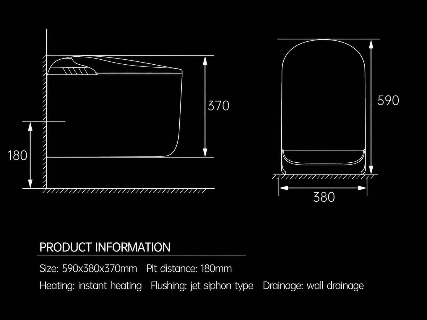 Technical dimension drawing of a wall-mounted toilet paper holder on a black background, showing front and side views with measurements 370, 590, and 380, plus product information text below.