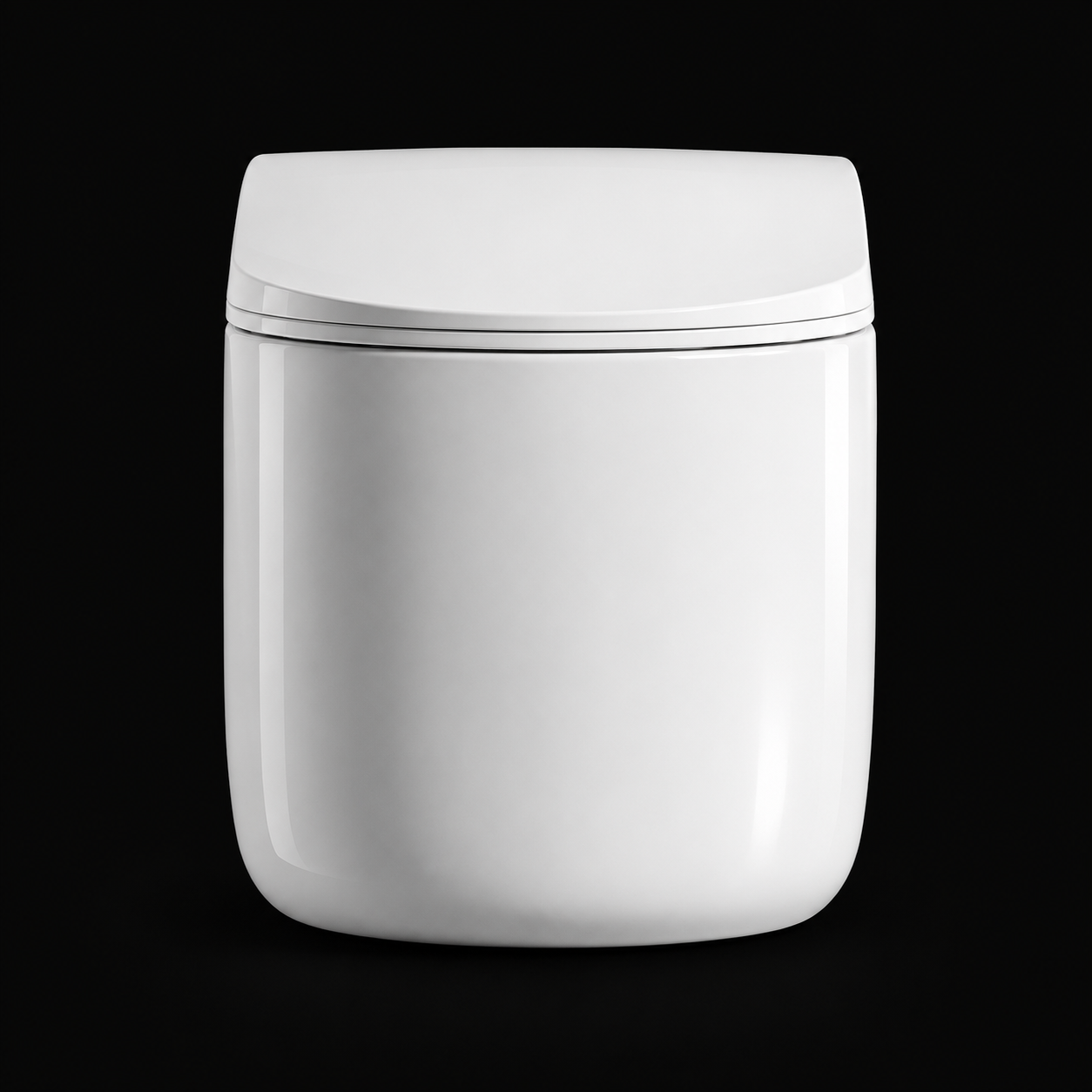 A modern, minimalist white toilet with a smooth, rounded cylindrical body and a matching closed lid, shown against a solid black background.