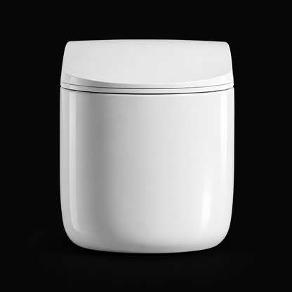 A modern, minimalist white toilet with a smooth, rounded cylindrical body and a matching closed lid, shown against a solid black background.