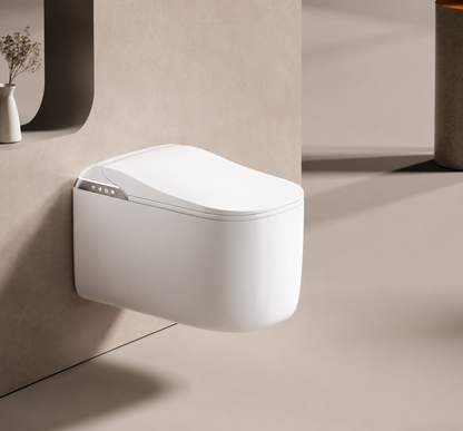A modern wall-mounted white toilet with a smooth matte finish and a small control panel on the left side, shown mounted on a beige textured wall in a minimalist bathroom setting.