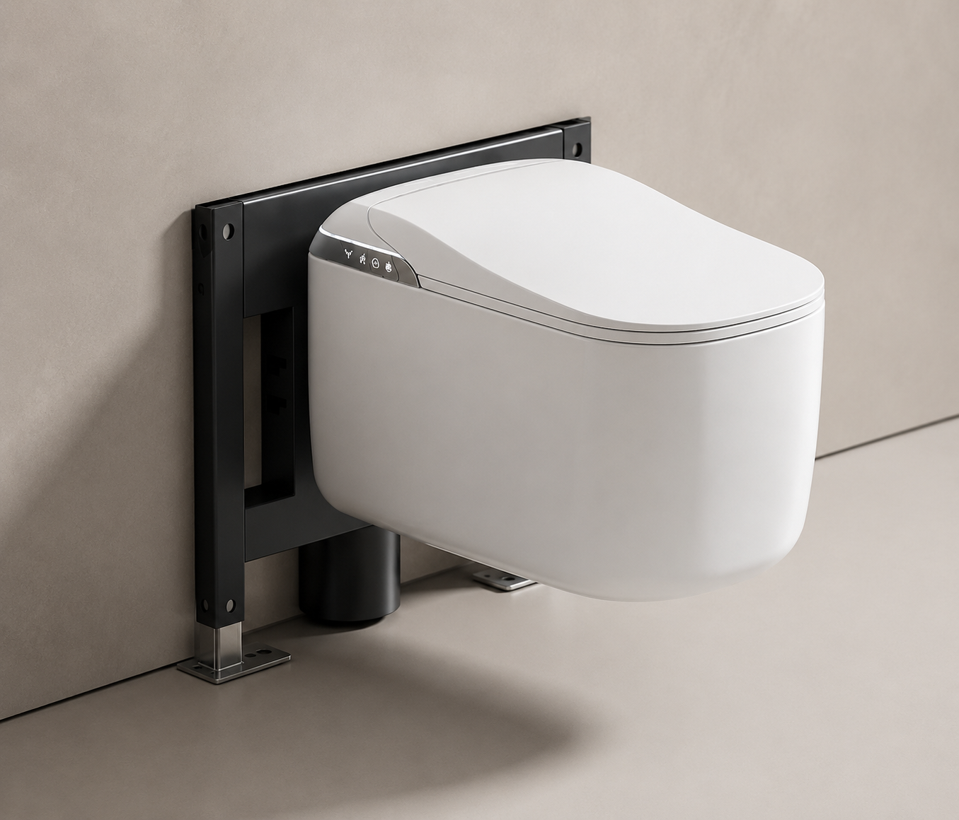 A wall-mounted smart toilet with a white ceramic bowl and lid, attached to a black metal wall bracket, shown against a neutral beige wall and floor.