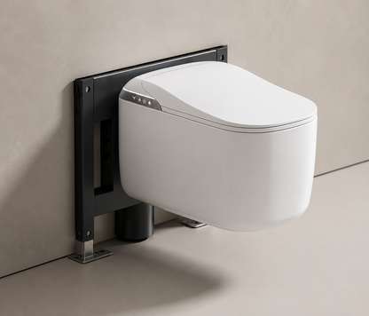 A wall-mounted smart toilet with a white ceramic bowl and lid, attached to a black metal wall bracket, shown against a neutral beige wall and floor.