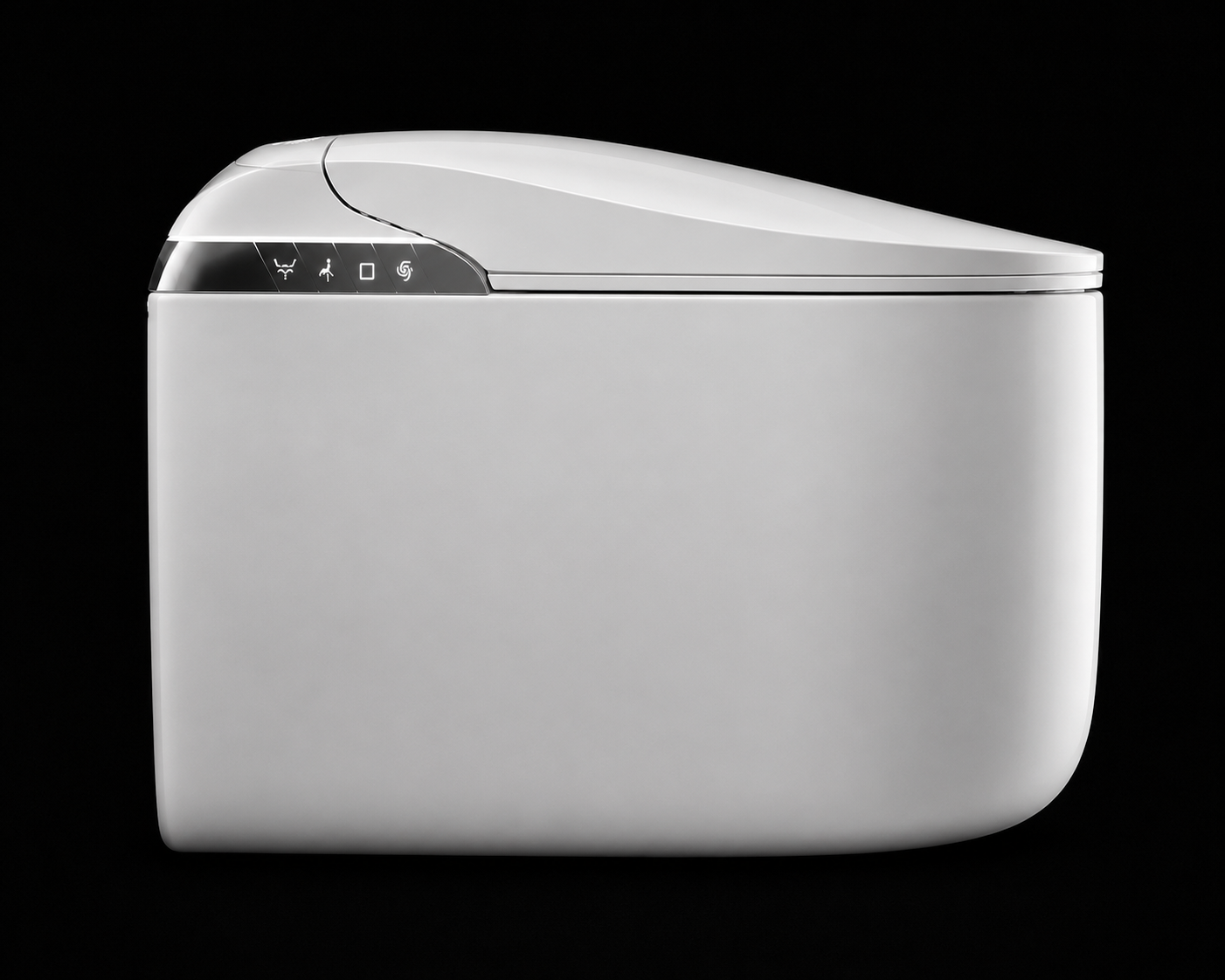 A modern, minimalist white smart toilet paper dispenser with a sleek curved lid and a small black control panel on top, shown against a solid black background.