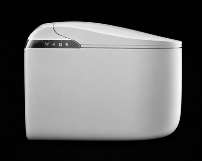 A modern, minimalist white smart toilet paper dispenser with a sleek curved lid and a small black control panel on top, shown against a solid black background.