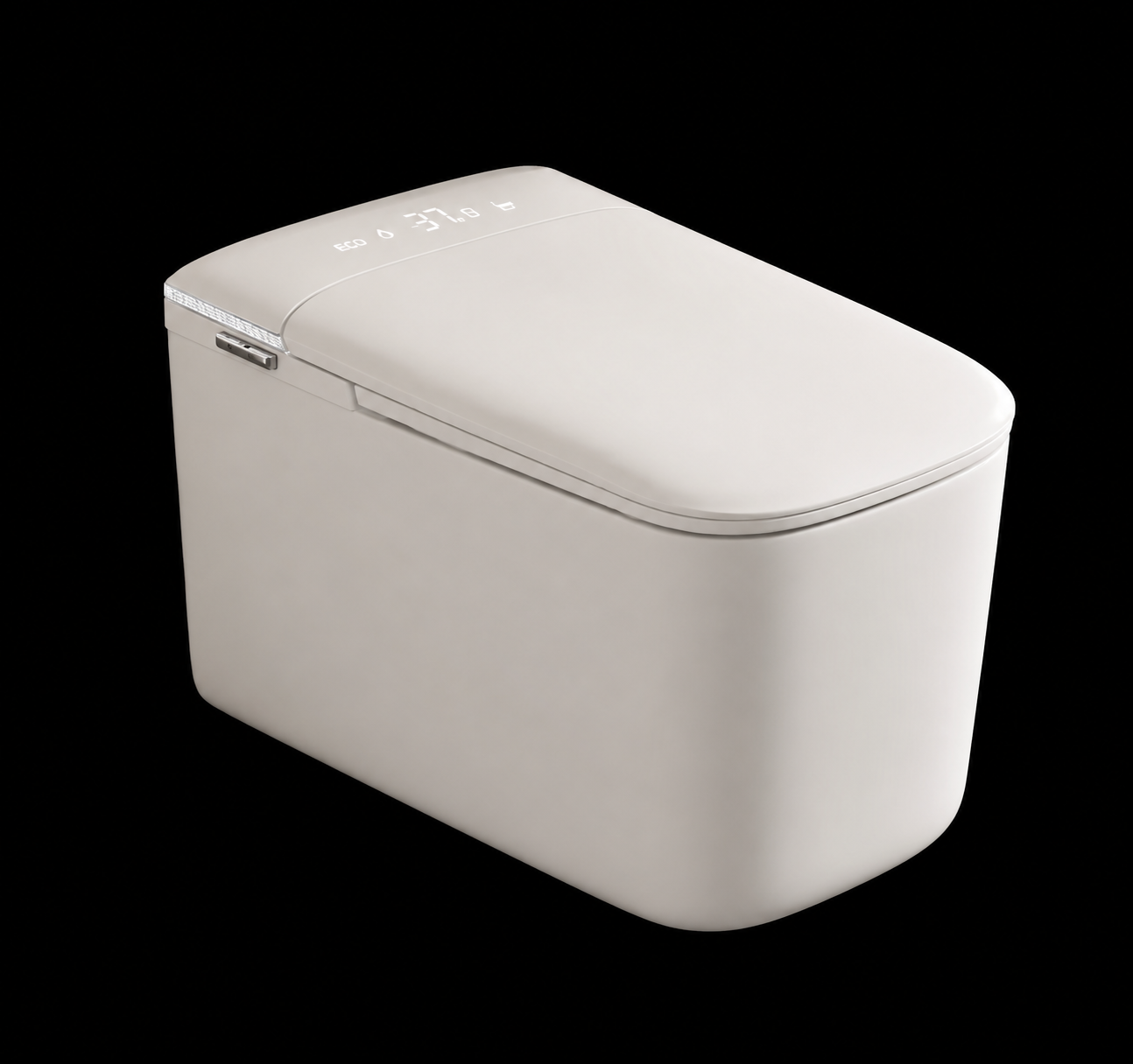 A modern, minimalist white smart trash can with a hinged lid and a small digital display on top, shown at an angle against a solid black background.