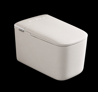 A modern, minimalist white smart trash can with a hinged lid and a small digital display on top, shown at an angle against a solid black background.