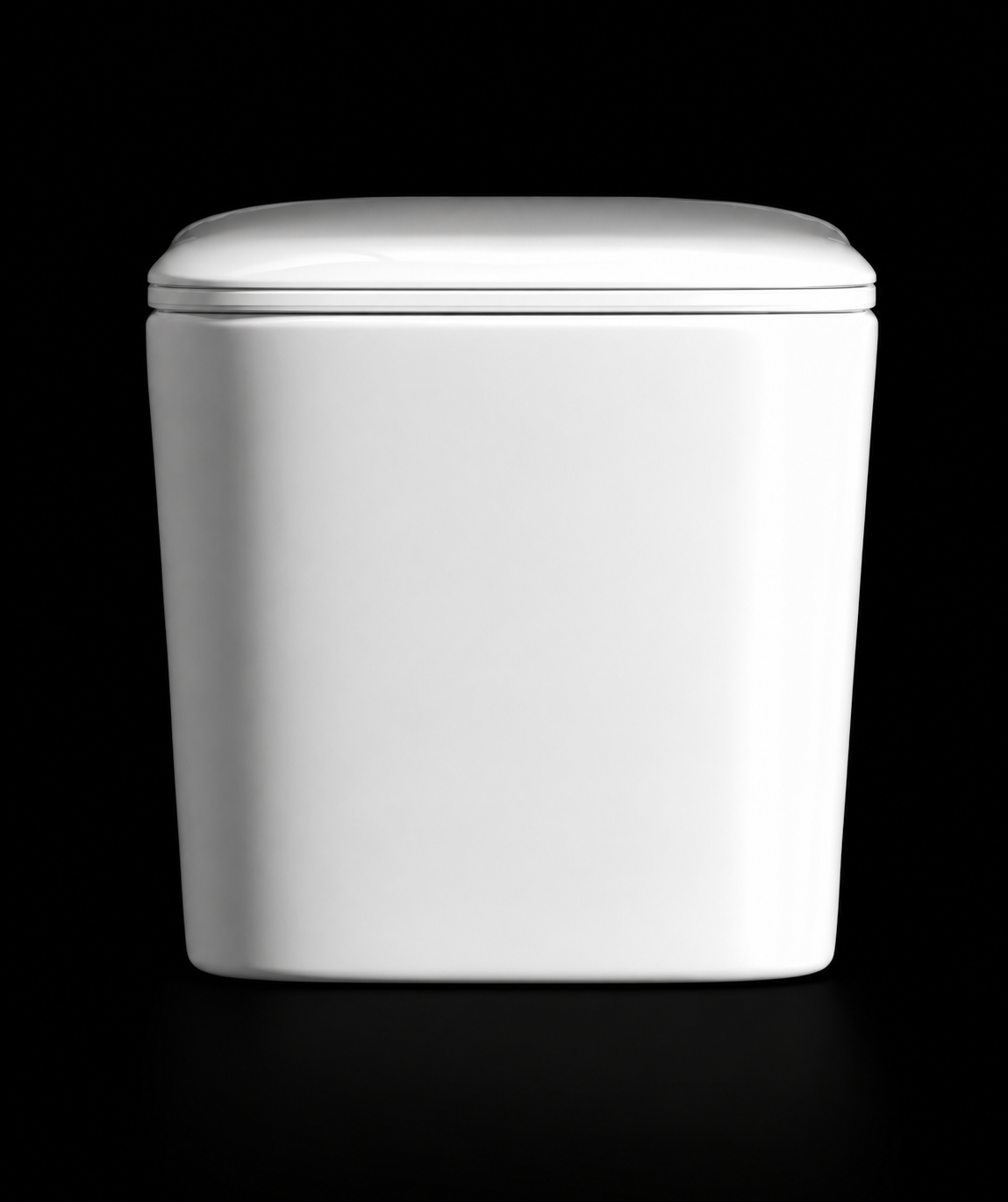 A modern, minimalist white ceramic or porcelain canister-style container with a smooth, rounded rectangular body and a matching closed lid, shown against a solid black background.